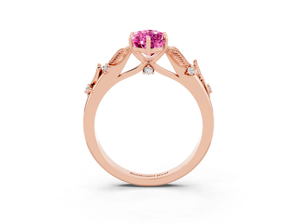 Rose gold Marquise Cut Pink Sapphire Solitaire Ring with Leaf Motif Band and Four-Prong Setting