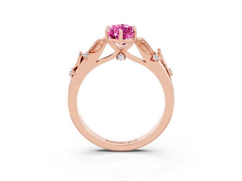 Rose gold Marquise Cut Pink Sapphire Solitaire Ring with Leaf Motif Band and Four-Prong Setting_3