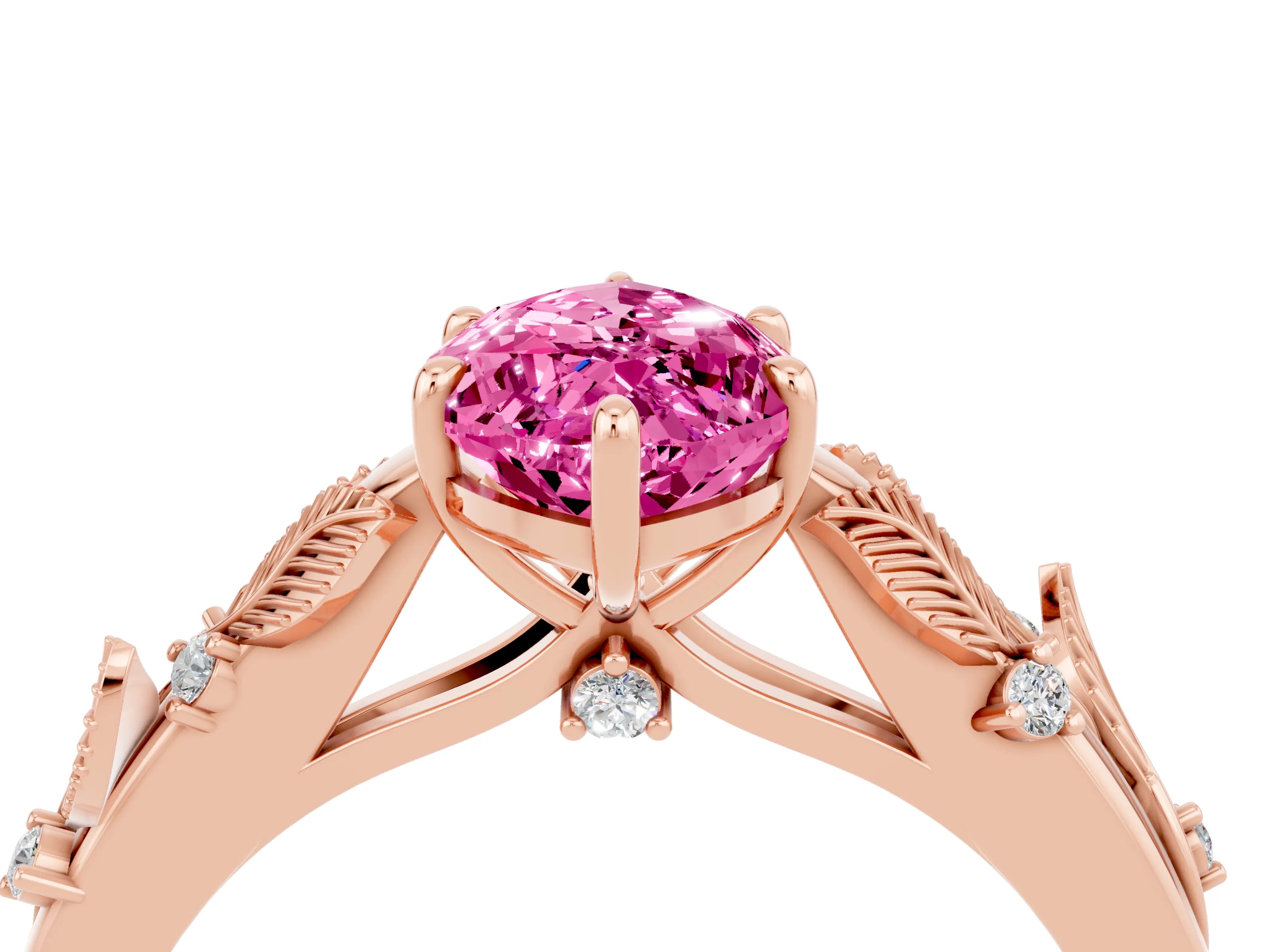 Rose gold Marquise Cut Pink Sapphire Solitaire Ring with Leaf Motif Band and Four-Prong Setting_4