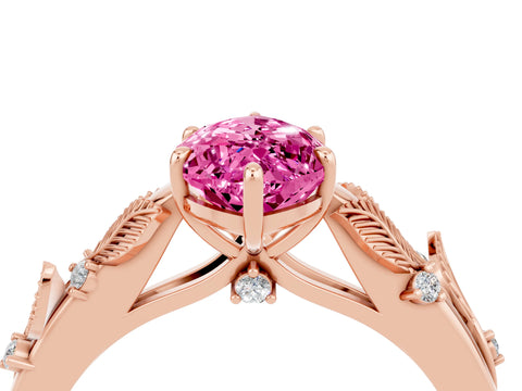 Rose gold Marquise Cut Pink Sapphire Solitaire Ring with Leaf Motif Band and Four-Prong Setting_4