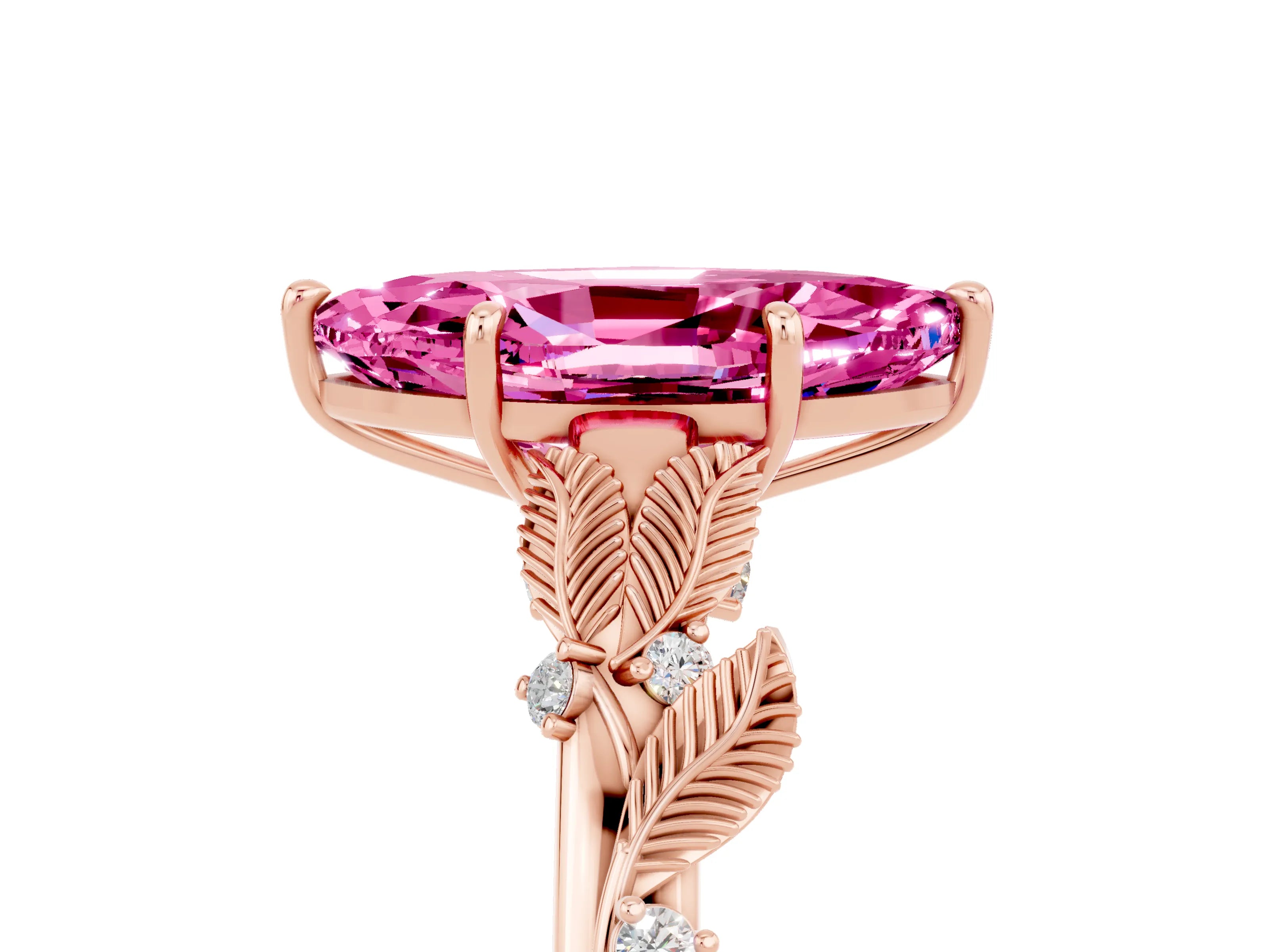 Rose gold Marquise Cut Pink Sapphire Solitaire Ring with Leaf Motif Band and Four-Prong Setting_5