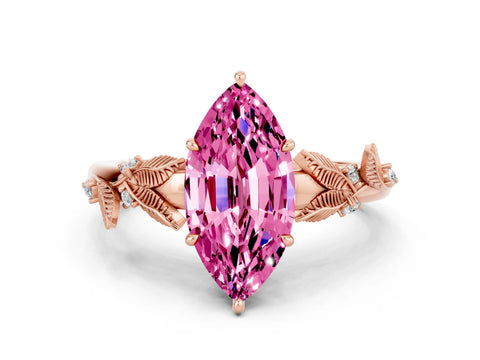 Rose gold Marquise Cut Pink Sapphire Solitaire Ring with Leaf Motif Band and Four-Prong Setting