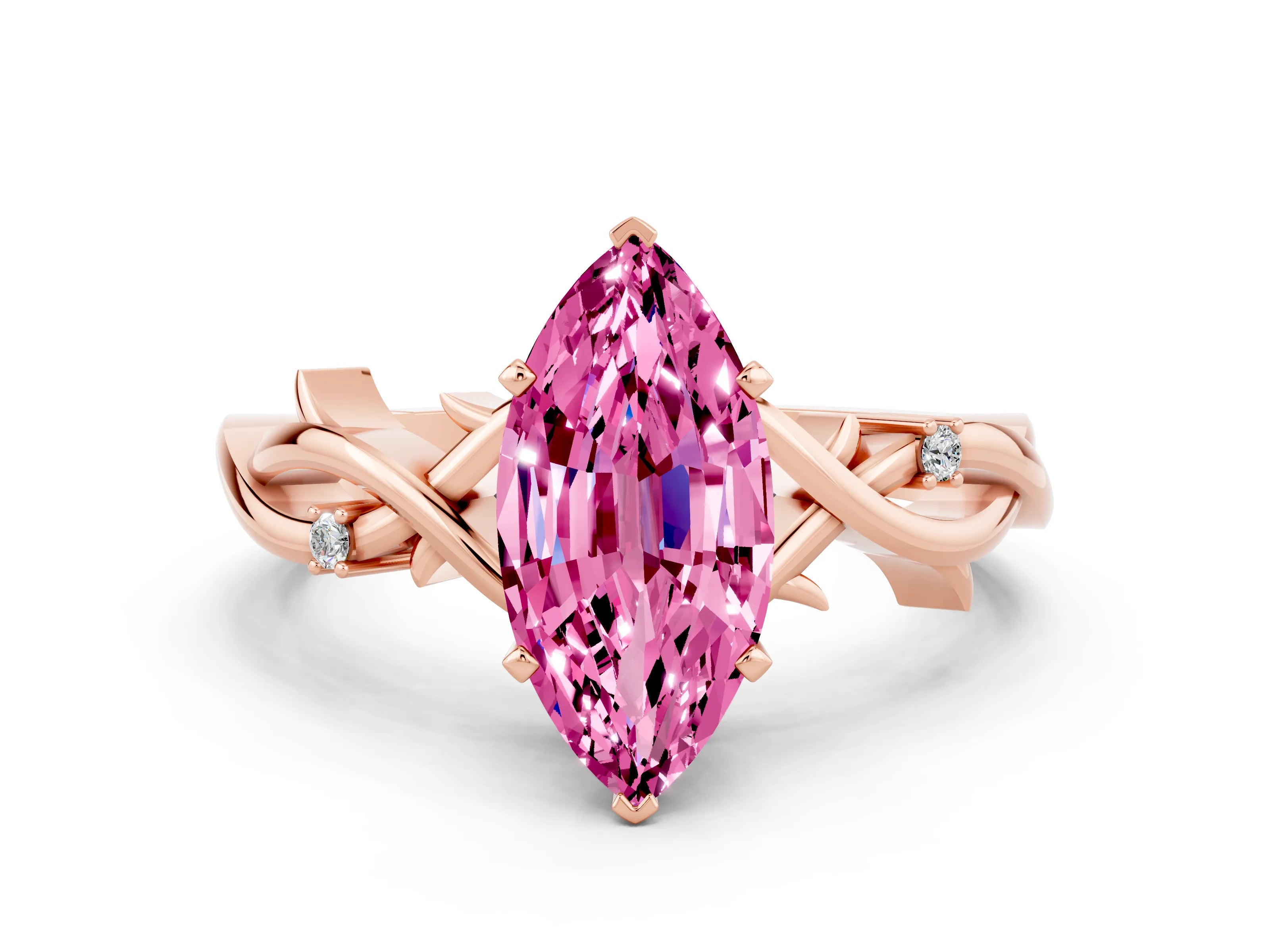 Rose gold Marquise Cut Pink Sapphire Solitaire Ring with Milgrain Pavé Band and Four-Prong Setting_12