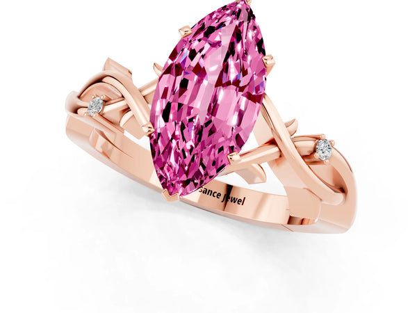 Rose gold Marquise Cut Pink Sapphire Solitaire Ring with Milgrain Pavé Band and Four-Prong Setting