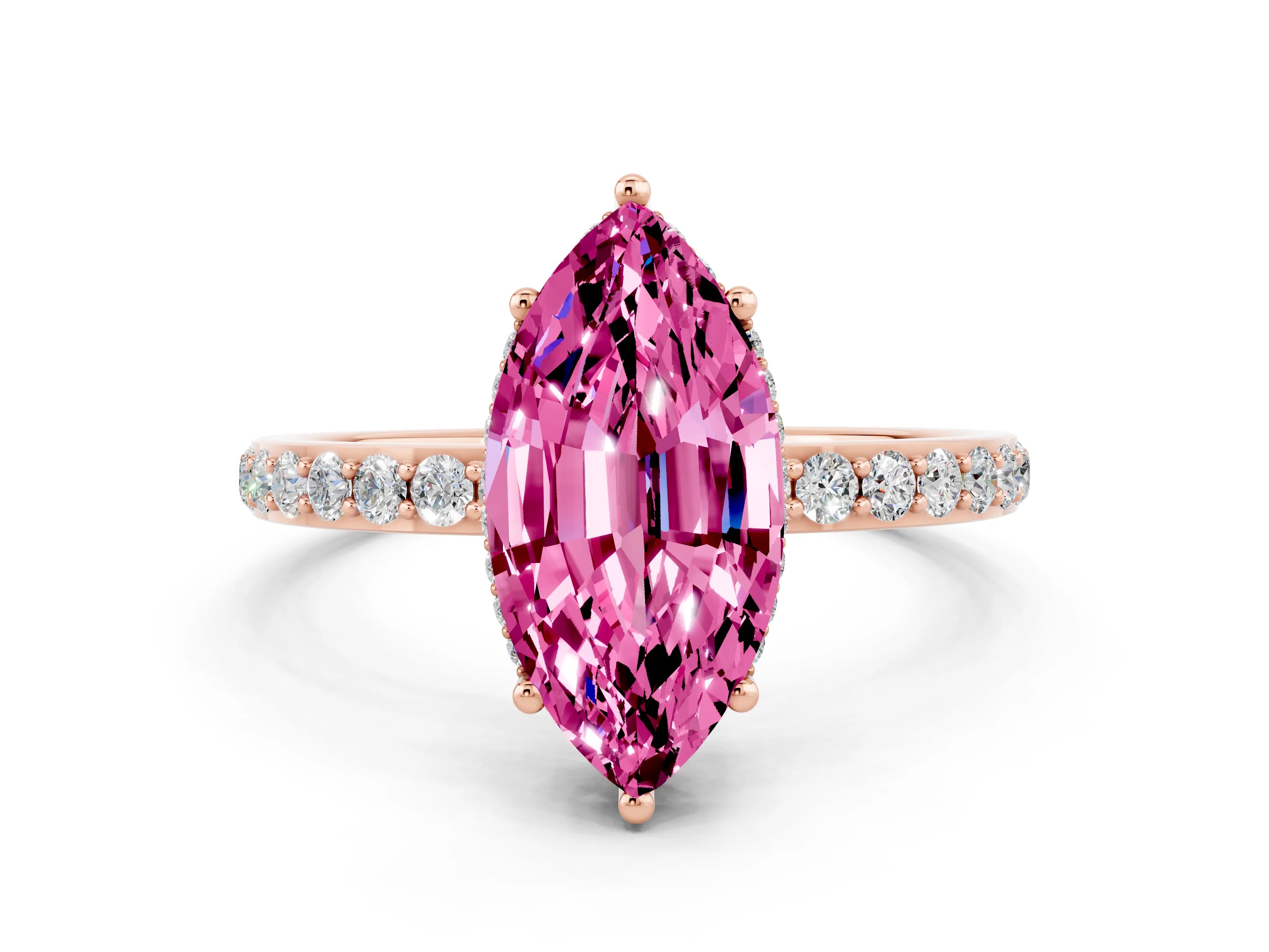 Rose gold Marquise Cut Pink Sapphire Solitaire Ring with Pavé Band and Hidden Halo_12