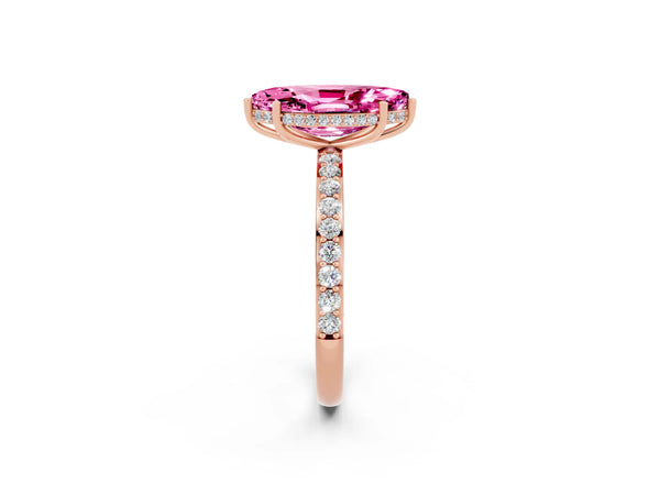Rose gold Marquise Cut Pink Sapphire Solitaire Ring with Pavé Band and Hidden Halo