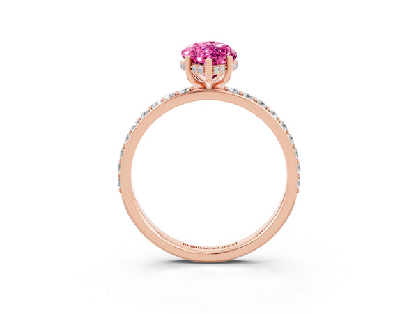 Rose gold Marquise Cut Pink Sapphire Solitaire Ring with Pavé Band and Hidden Halo