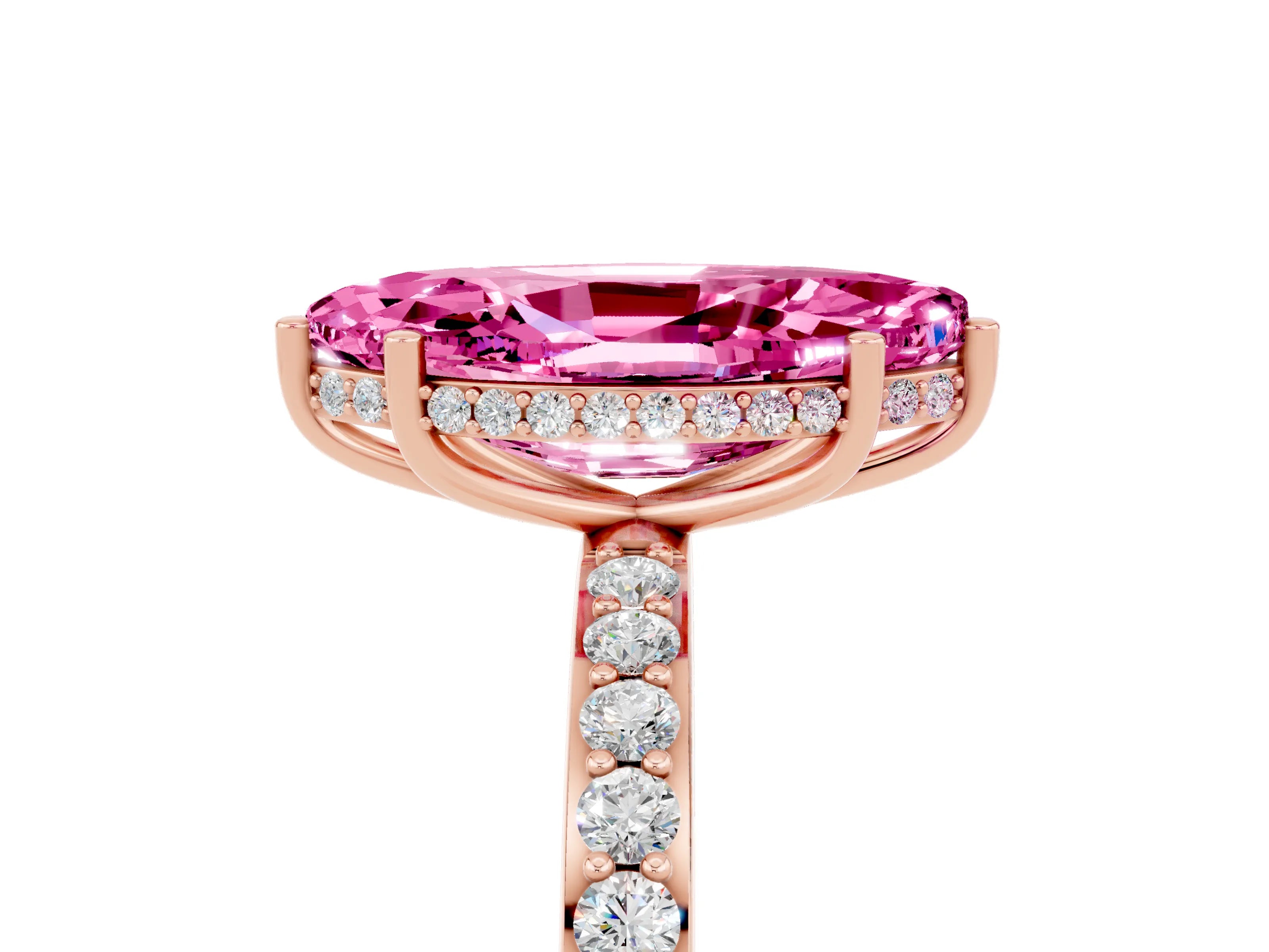 Rose gold Marquise Cut Pink Sapphire Solitaire Ring with Pavé Band and Hidden Halo_17