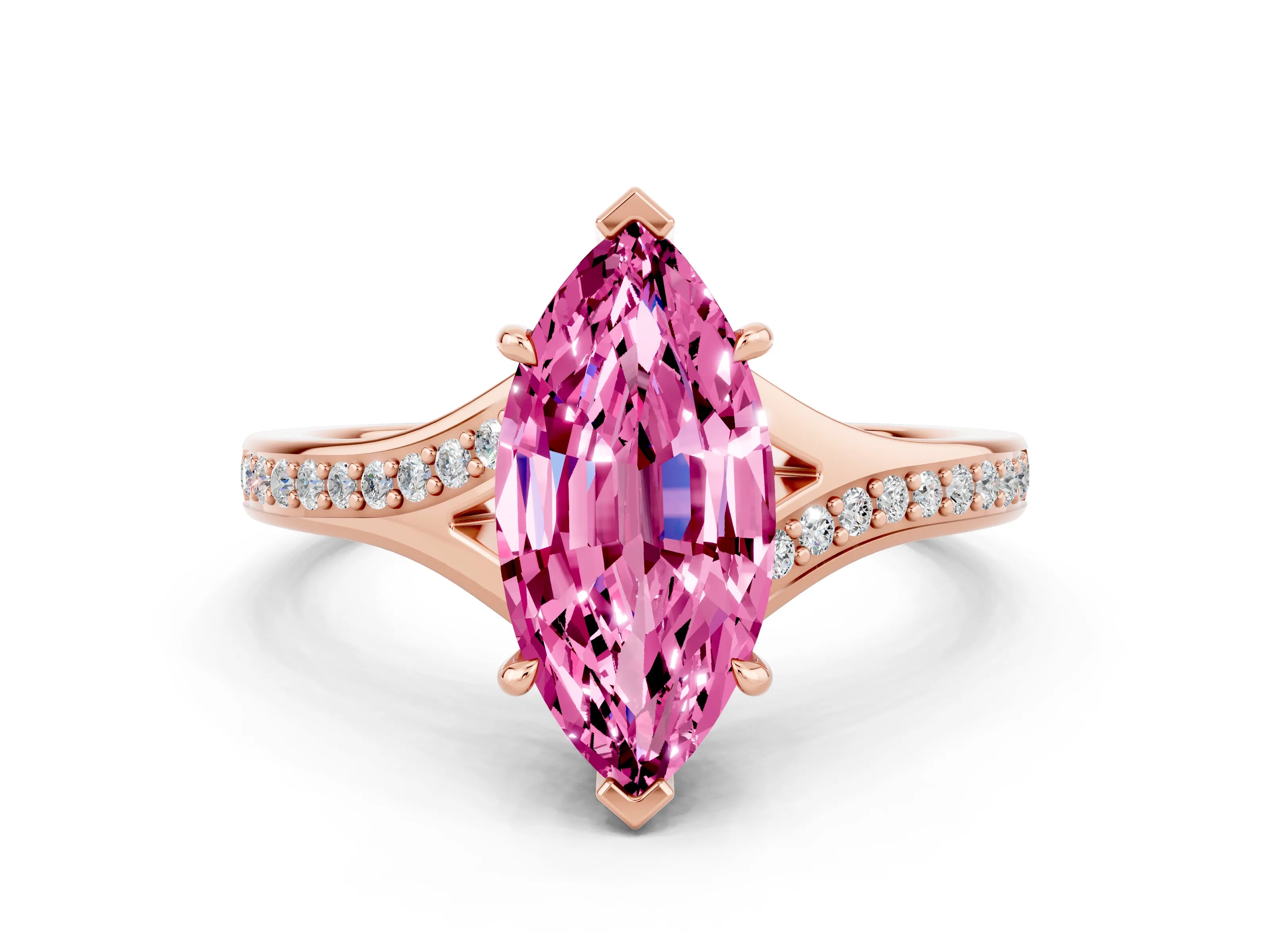 Rose gold Marquise Cut Pink Sapphire Solitaire Ring with Pavé Band and Prong Setting
