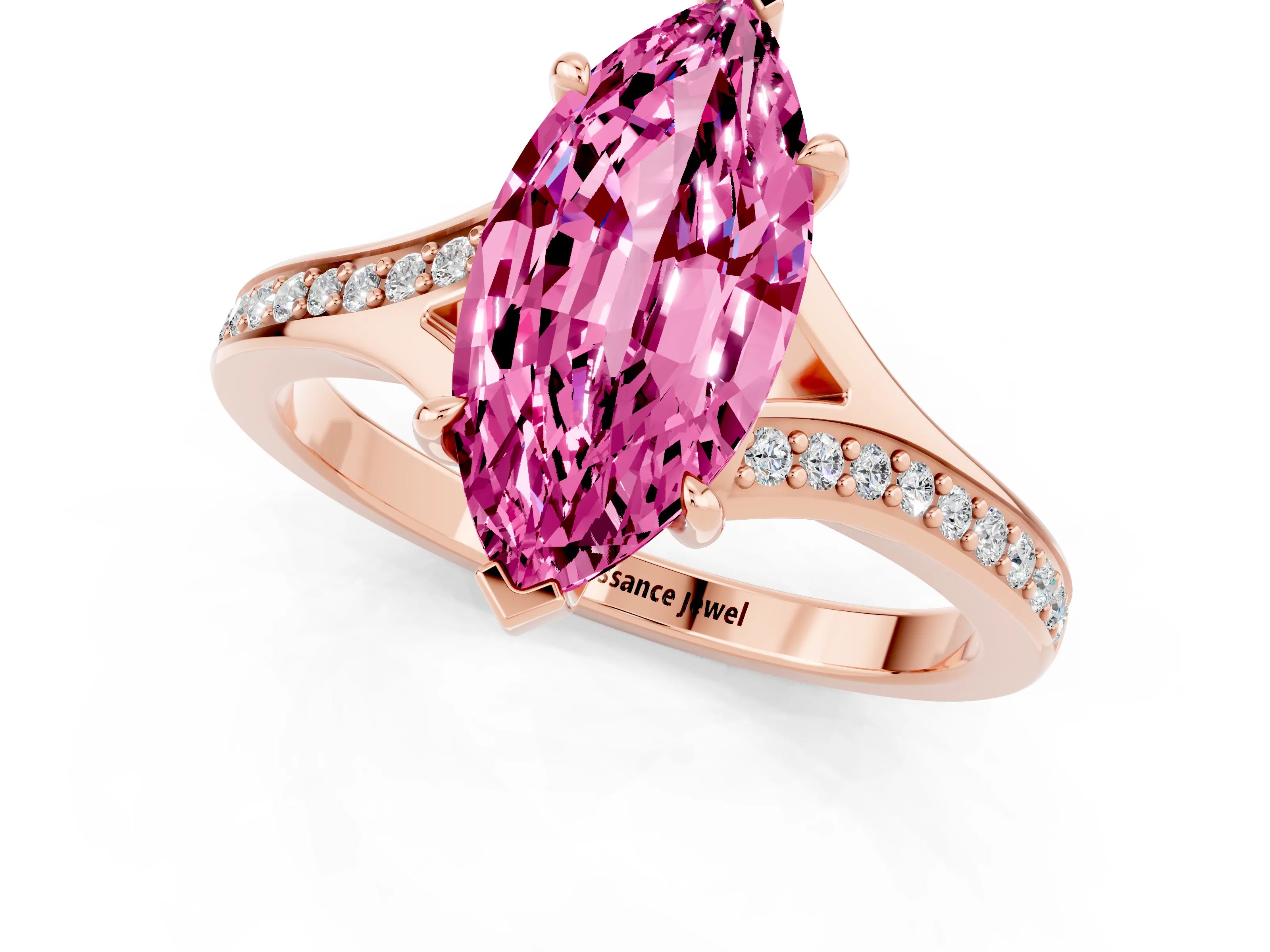 Rose gold Marquise Cut Pink Sapphire Solitaire Ring with Pavé Band and Prong Setting_1