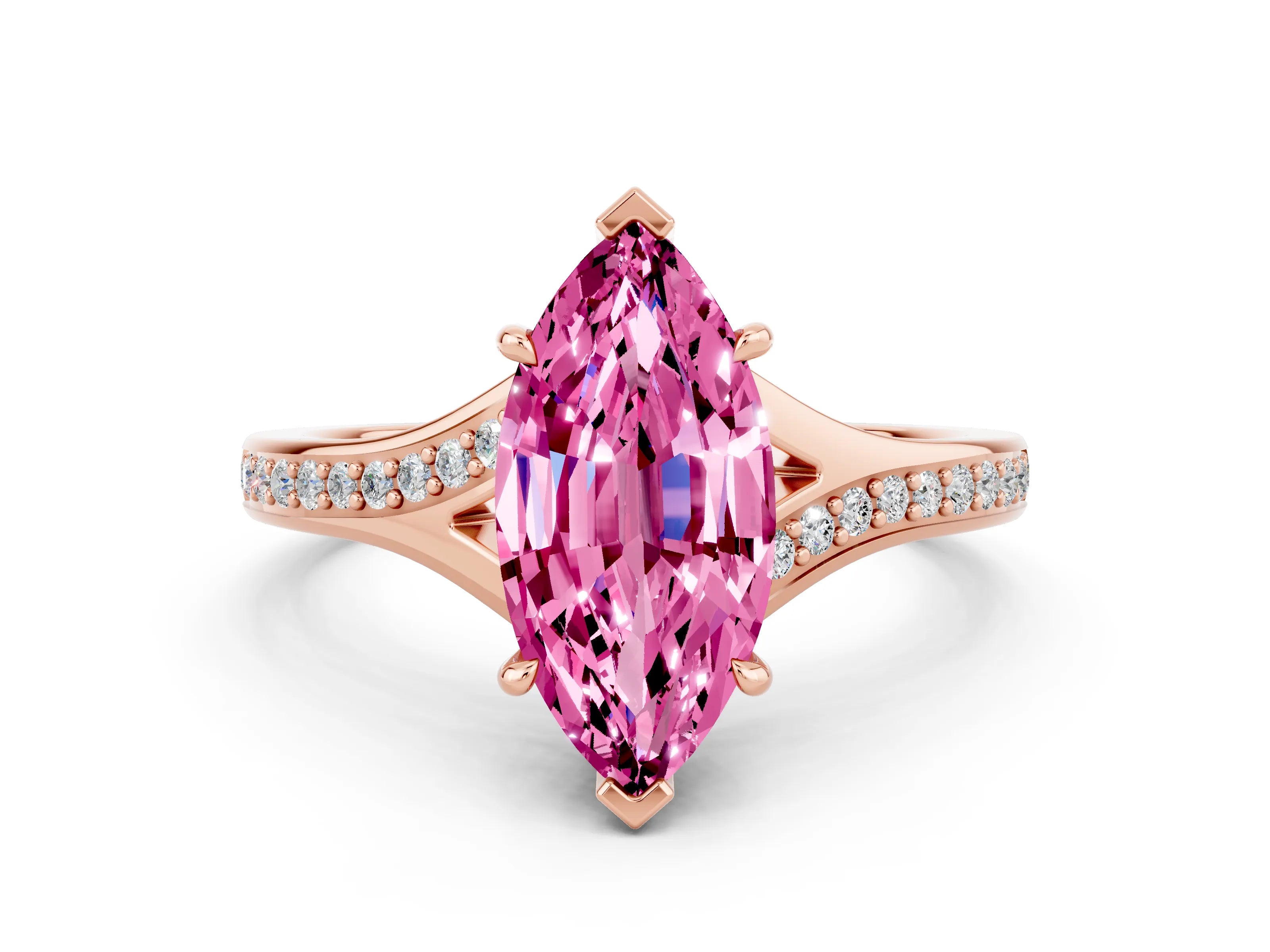 Rose gold Marquise Cut Pink Sapphire Solitaire Ring with Pavé Band and Prong Setting_12