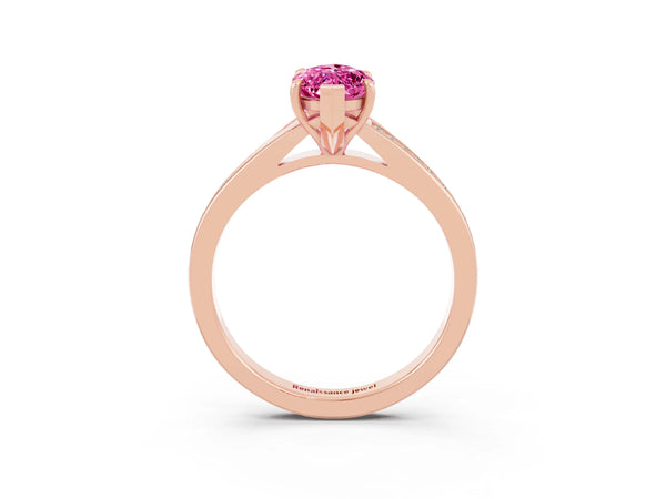 Rose gold Marquise Cut Pink Sapphire Solitaire Ring with Pavé Band and Prong Setting