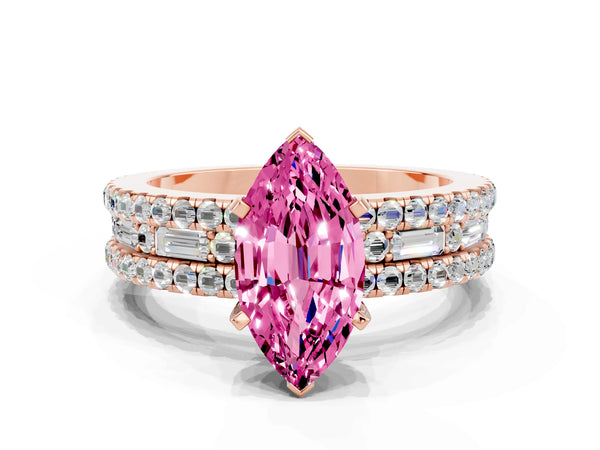 Rose gold Marquise Cut Pink Sapphire Solitaire Ring with Pavé and Channel Set Band