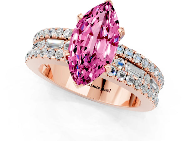 Rose gold Marquise Cut Pink Sapphire Solitaire Ring with Pavé and Channel Set Band