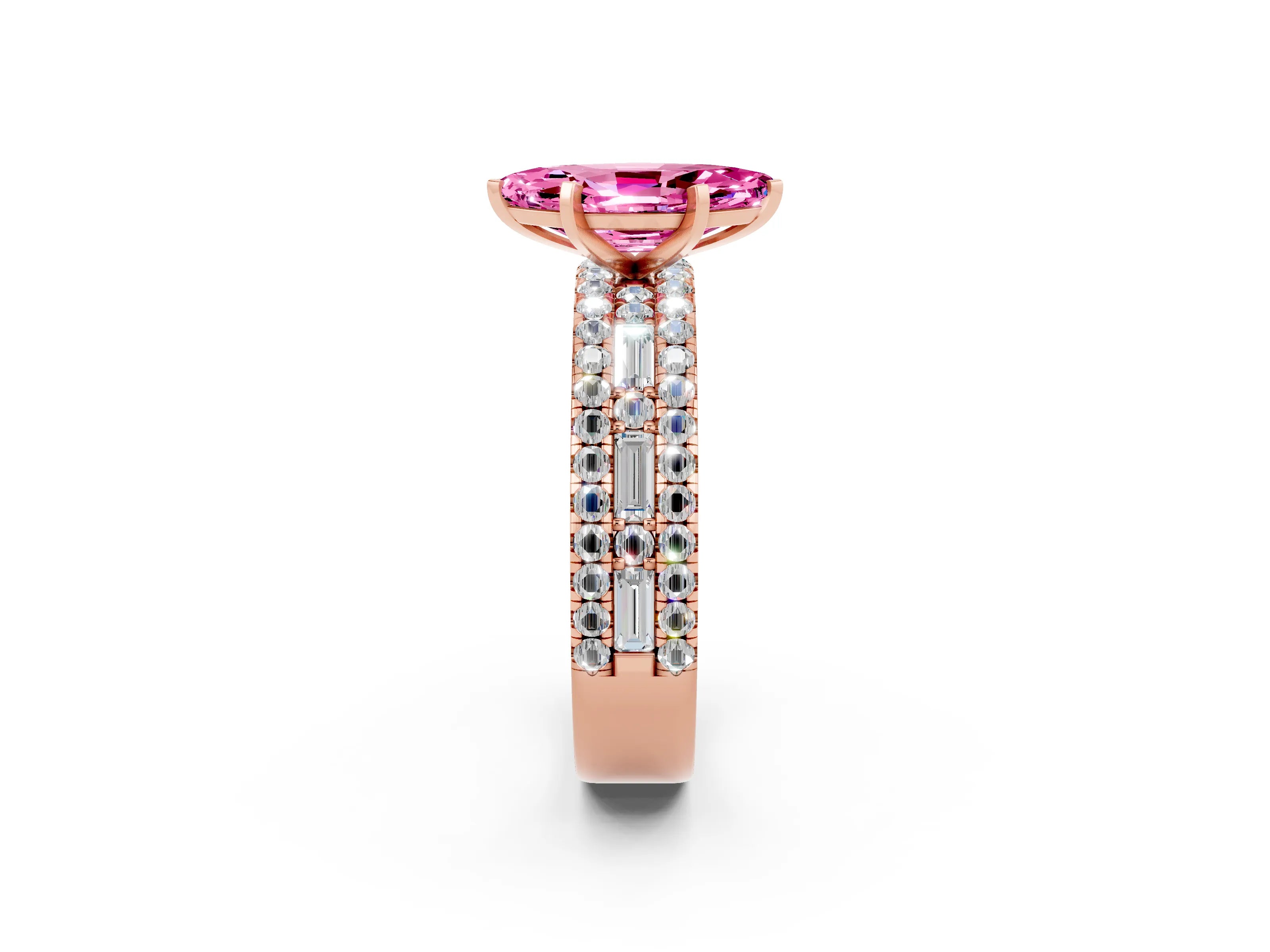 Rose gold Marquise Cut Pink Sapphire Solitaire Ring with Pavé and Channel Set Band_26
