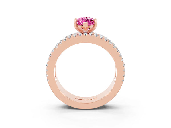 Rose gold Marquise Cut Pink Sapphire Solitaire Ring with Pavé and Channel Set Band
