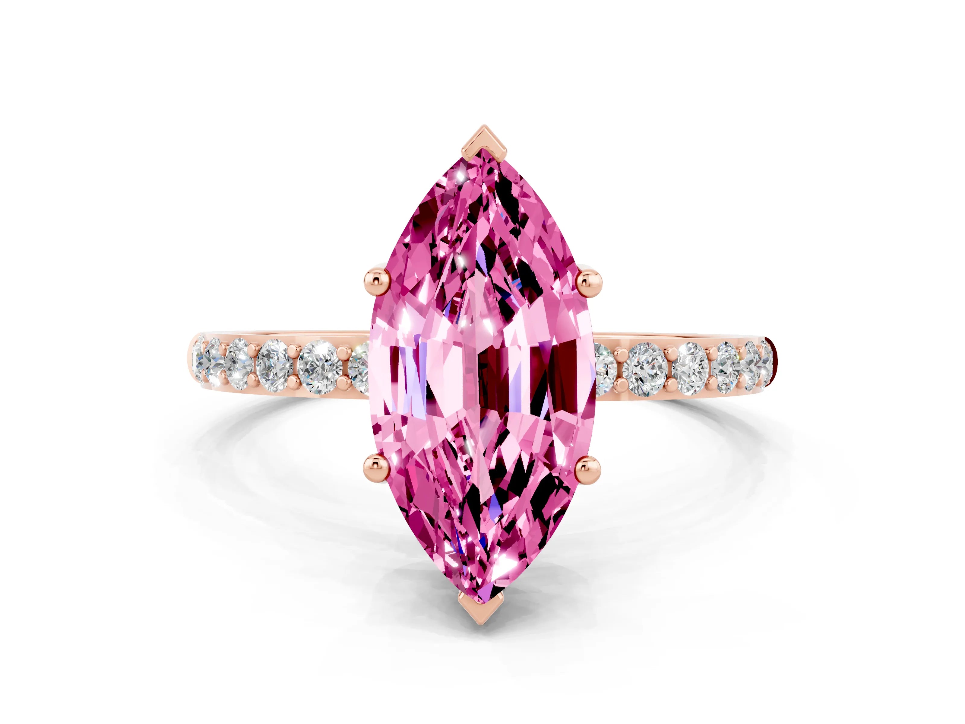 Rose gold Marquise Cut Pink Sapphire Solitaire Ring with Pave Band and Four Prong Setting_48