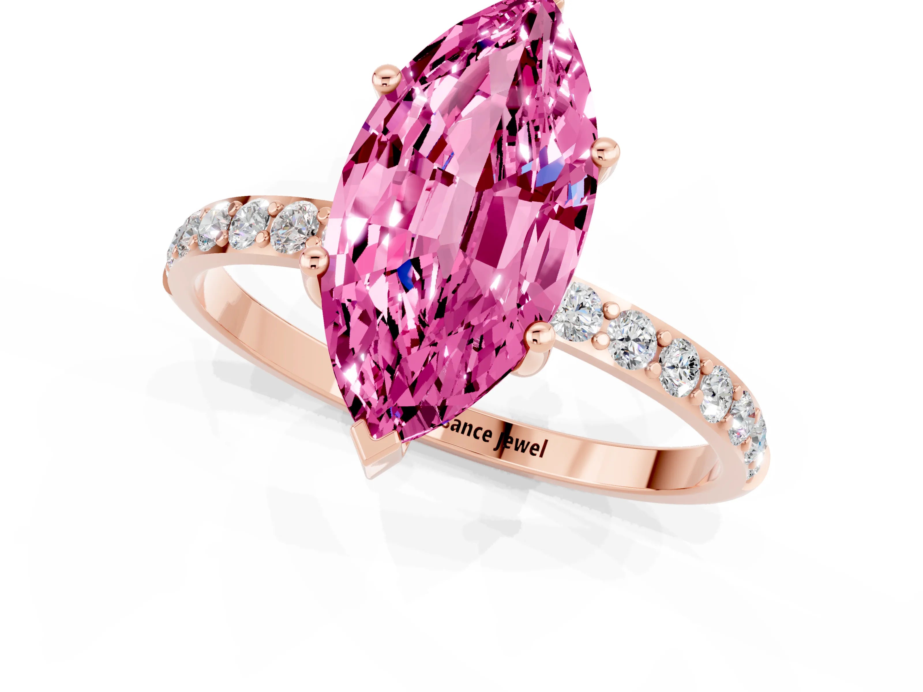 Rose gold Marquise Cut Pink Sapphire Solitaire Ring with Pave Band and Four Prong Setting_49