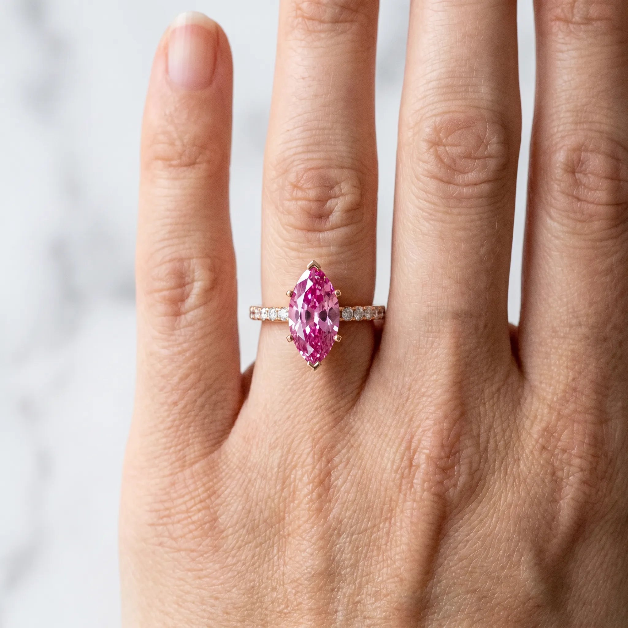 Rose gold Marquise Cut Pink Sapphire Solitaire Ring with Round  Pavé Band and Four-Prong Setting_78