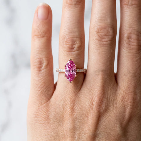 Rose gold Marquise Cut Pink Sapphire Solitaire Ring with Round  Pavé Band and Four-Prong Setting_78