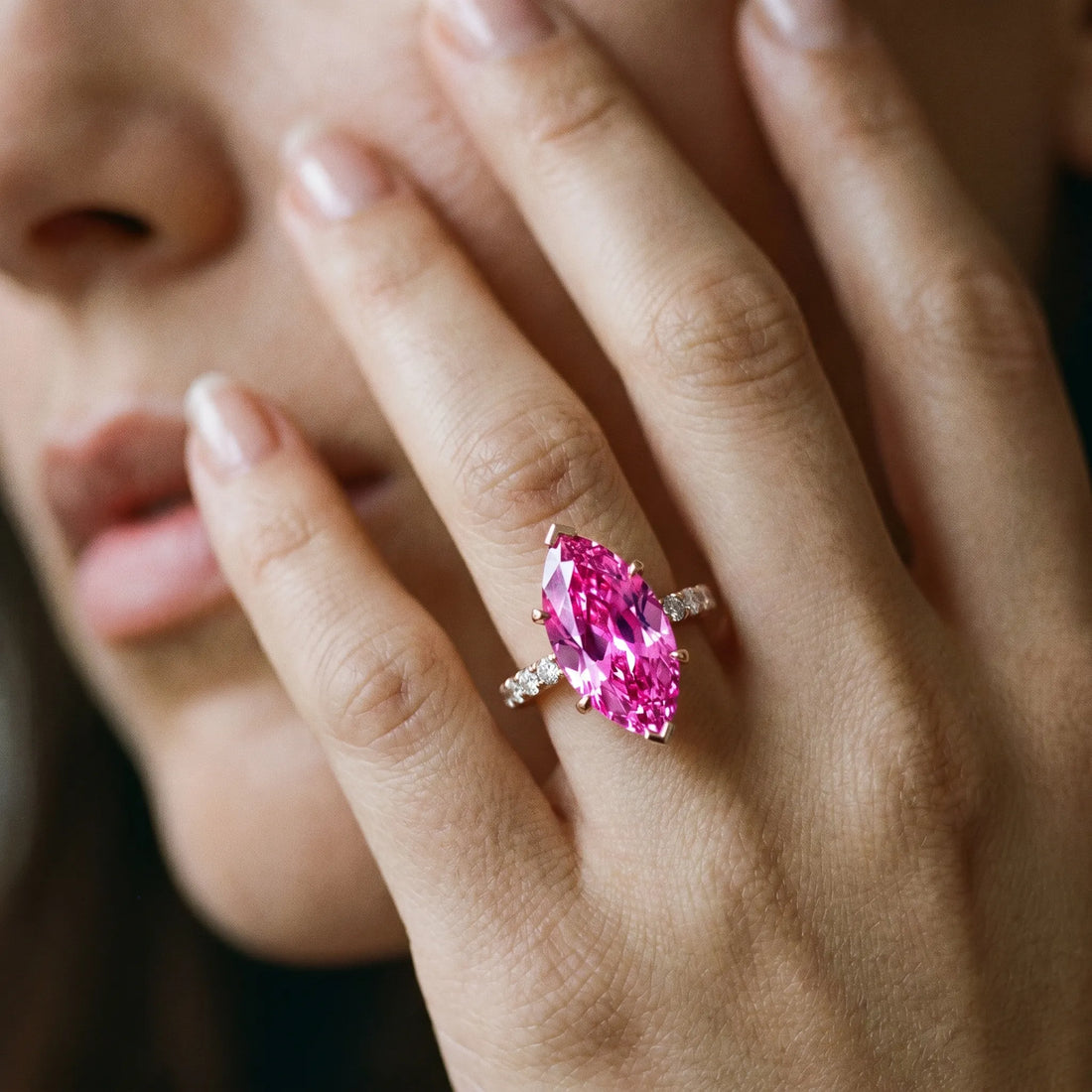 Rose gold Marquise Cut Pink Sapphire Solitaire Ring with Round  Pavé Band and Four-Prong Setting_80