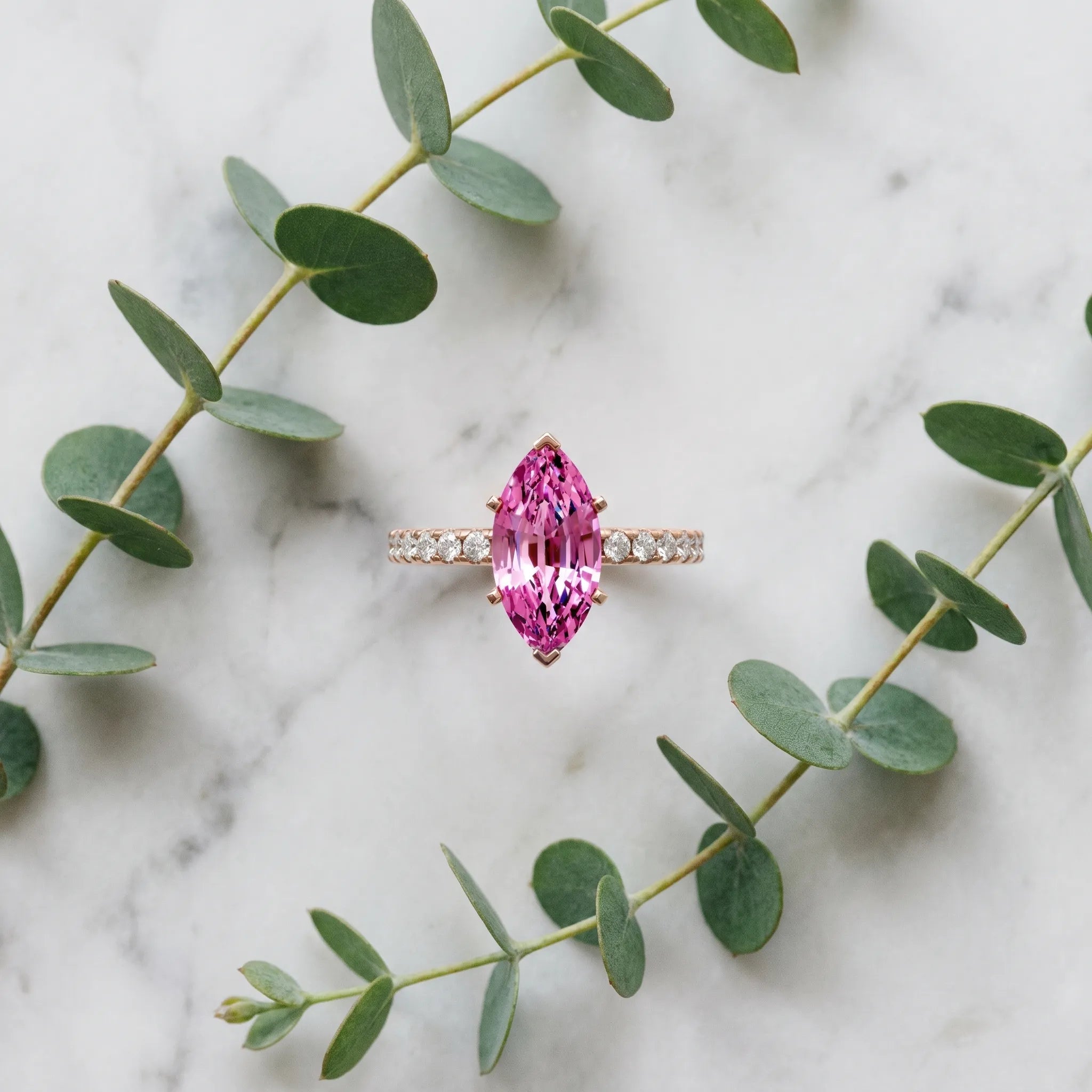 Rose gold Marquise Cut Pink Sapphire Solitaire Ring with Round  Pavé Band and Four-Prong Setting_81
