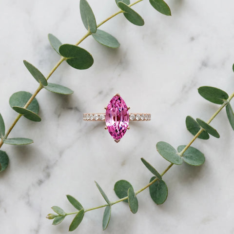 Rose gold Marquise Cut Pink Sapphire Solitaire Ring with Round  Pavé Band and Four-Prong Setting_81