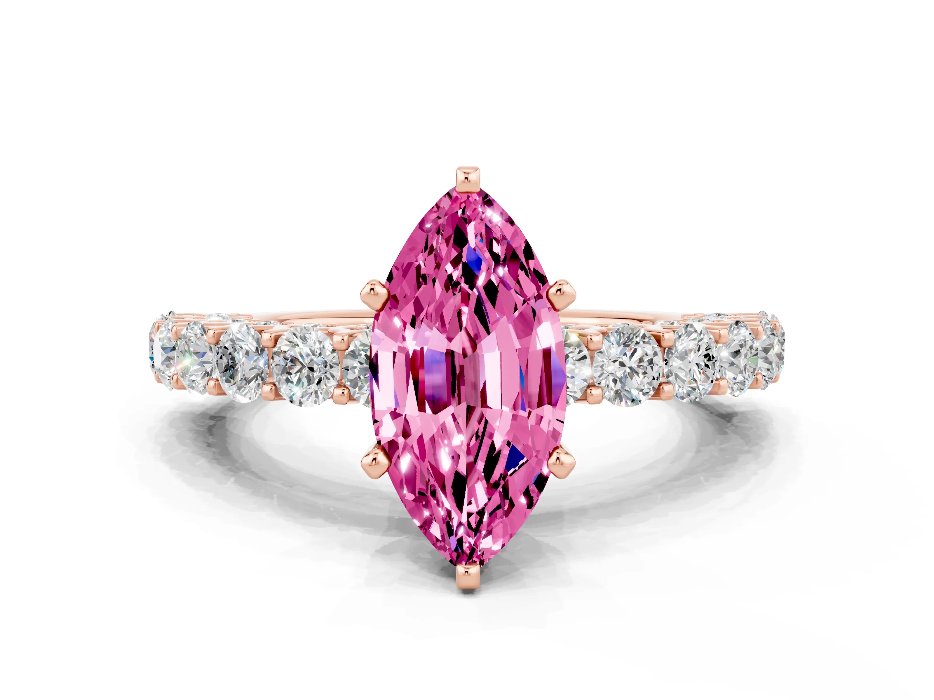 Rose gold Marquise Cut Pink Sapphire Solitaire Ring with Shared Prong Pavé Band and Four-Prong Setting