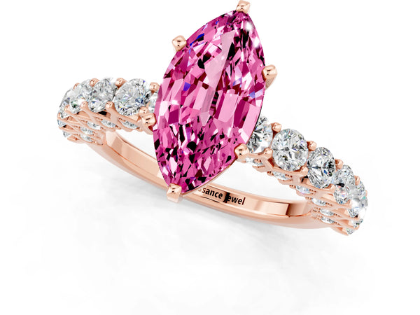Rose gold Marquise Cut Pink Sapphire Solitaire Ring with Shared Prong Pavé Band and Four-Prong Setting