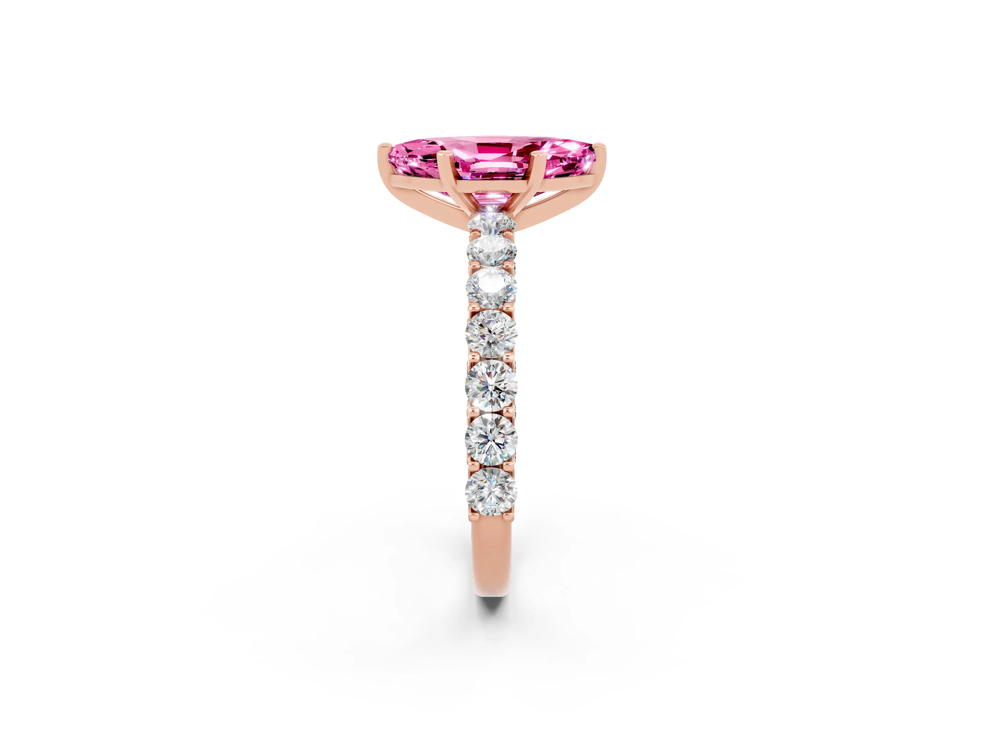 Rose gold Marquise Cut Pink Sapphire Solitaire Ring with Shared Prong Pavé Band and Four-Prong Setting_2