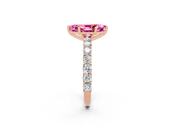 Rose gold Marquise Cut Pink Sapphire Solitaire Ring with Shared Prong Pavé Band and Four-Prong Setting