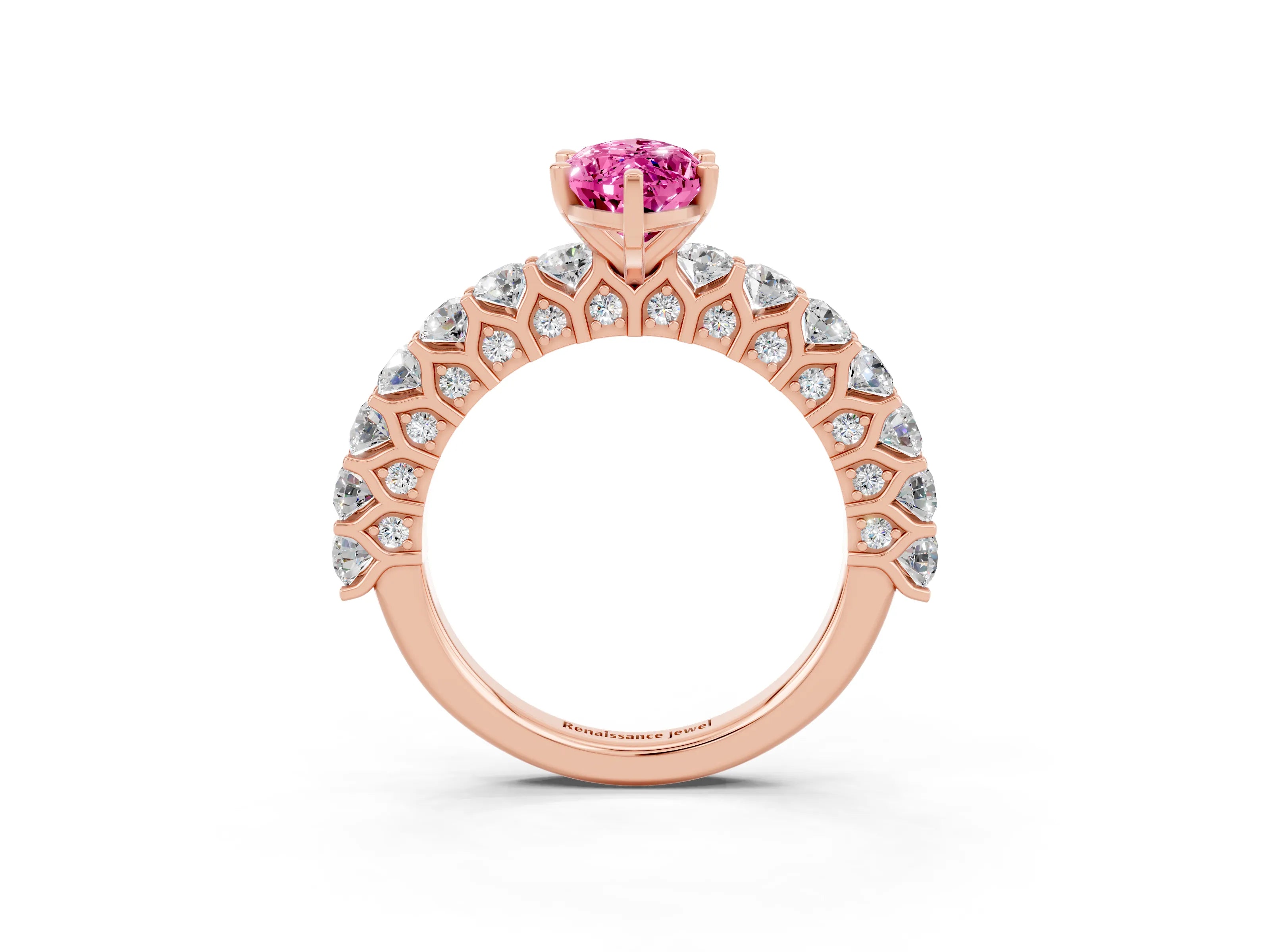 Rose gold Marquise Cut Pink Sapphire Solitaire Ring with Shared Prong Pavé Band and Four-Prong Setting_3