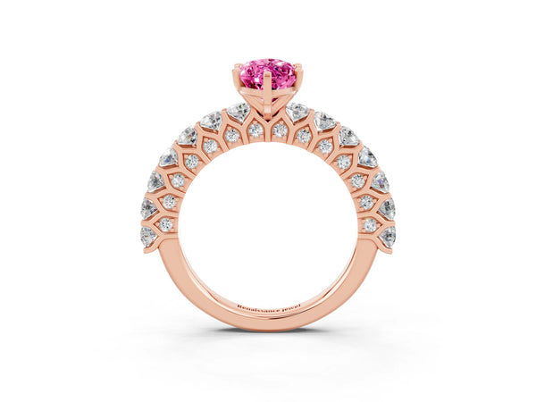 Rose gold Marquise Cut Pink Sapphire Solitaire Ring with Shared Prong Pavé Band and Four-Prong Setting