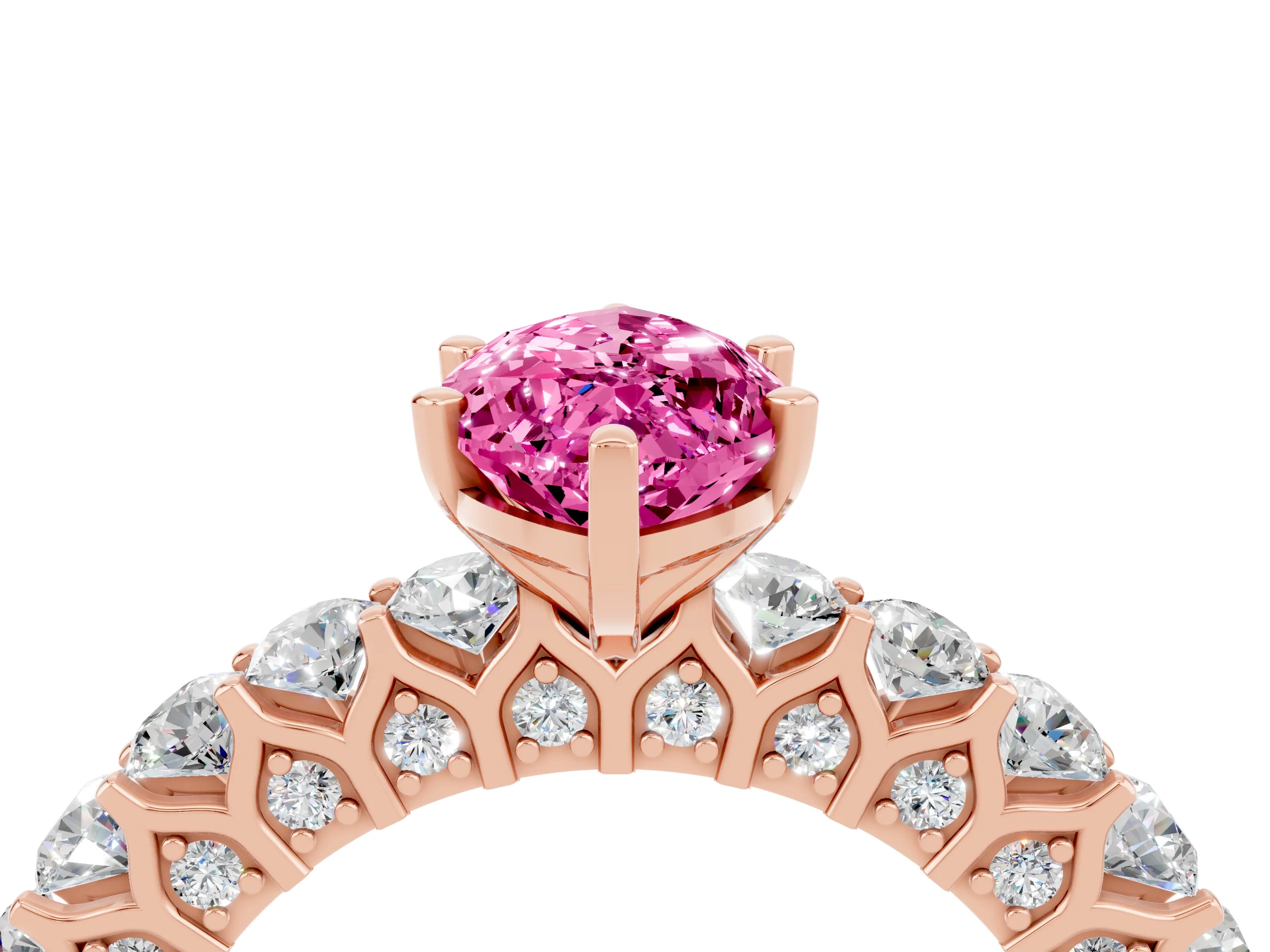 Rose gold Marquise Cut Pink Sapphire Solitaire Ring with Shared Prong Pavé Band and Four-Prong Setting_4