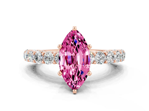 Rose gold Marquise Cut Pink Sapphire Solitaire Ring with Shared Prong Pavé Band and Four-Prong Setting
