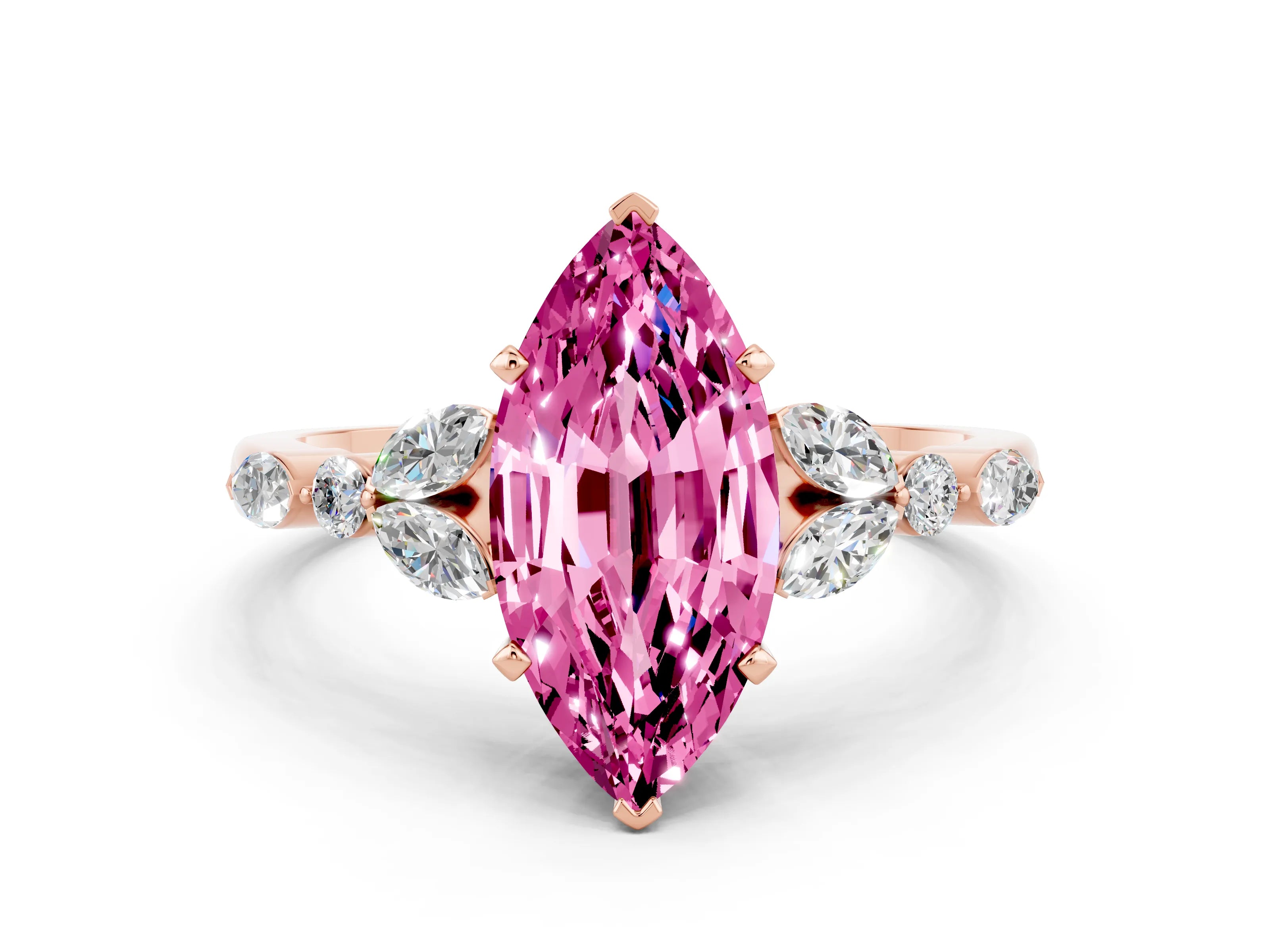 Rose gold Marquise Cut Pink Sapphire Solitaire Ring with Side Stones and Four-Prong Setting_12