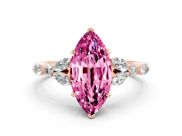 Rose gold Marquise Cut Pink Sapphire Solitaire Ring with Side Stones and Four-Prong Setting