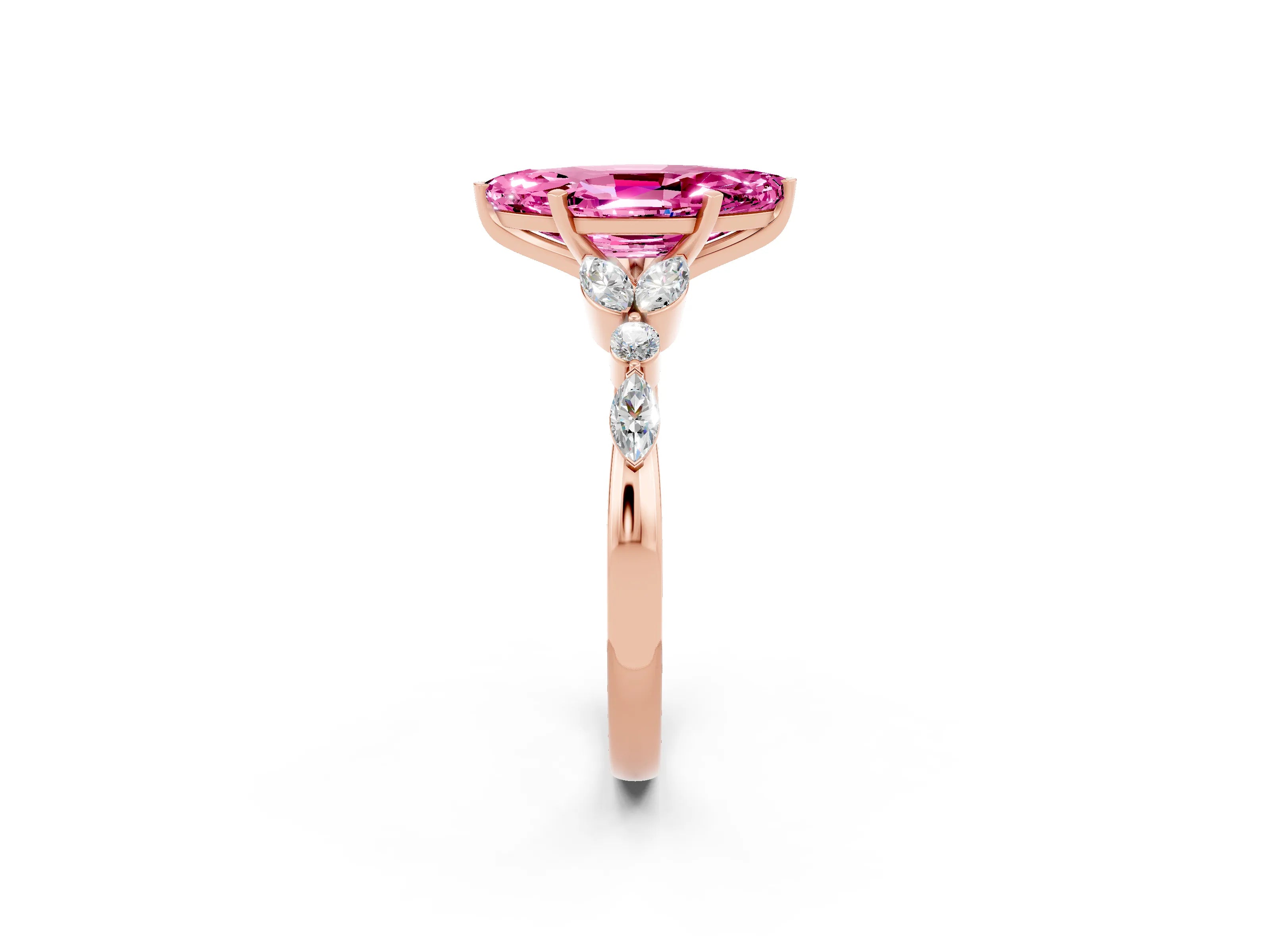 Rose gold Marquise Cut Pink Sapphire Solitaire Ring with Side Stones and Four-Prong Setting_14