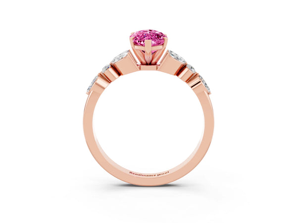Rose gold Marquise Cut Pink Sapphire Solitaire Ring with Side Stones and Four-Prong Setting
