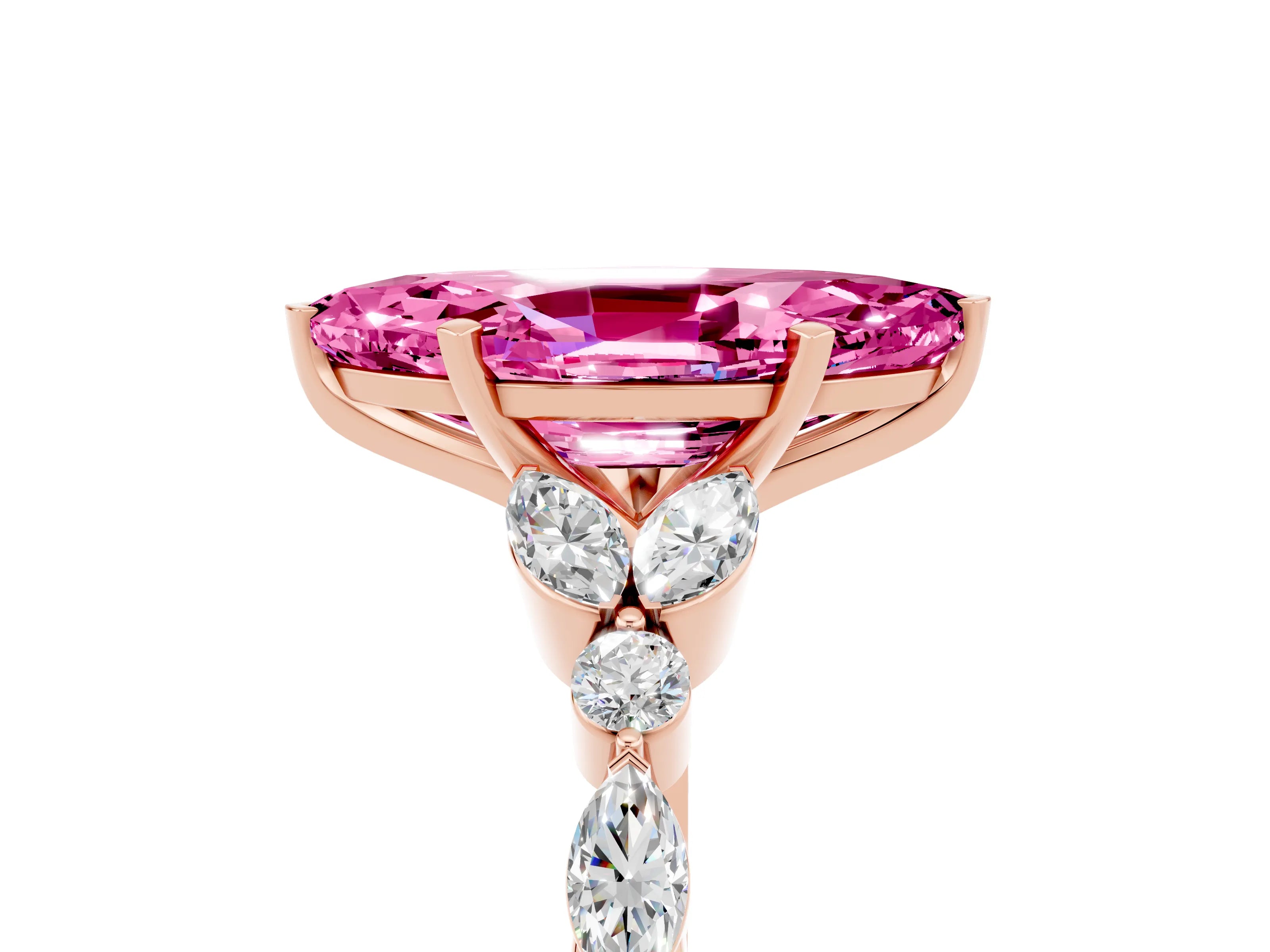 Rose gold Marquise Cut Pink Sapphire Solitaire Ring with Side Stones and Four-Prong Setting_17