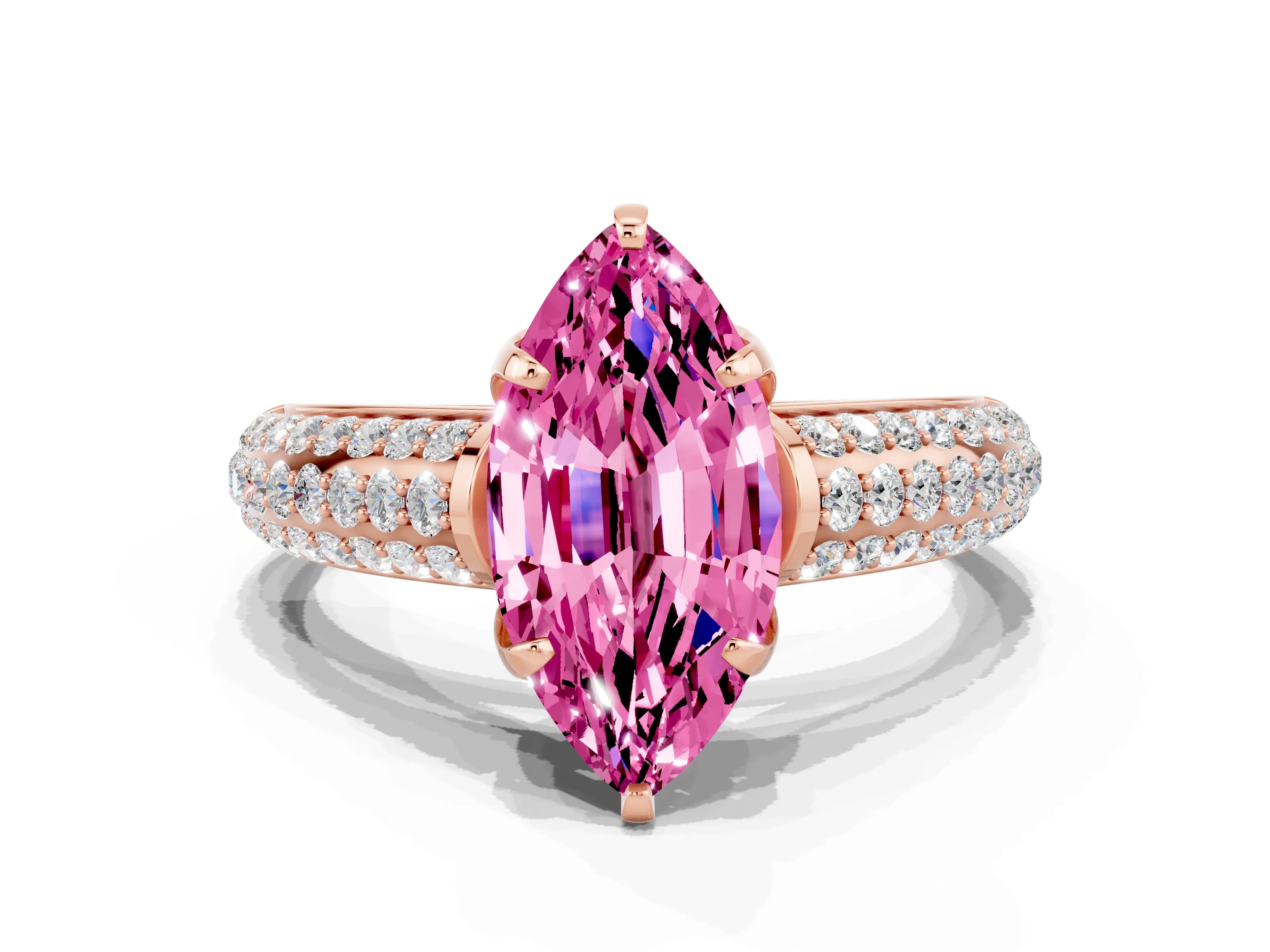Rose gold Marquise Cut Pink Sapphire Solitaire Ring with Three-Row Pavé Band and Four-Prong Setting_12