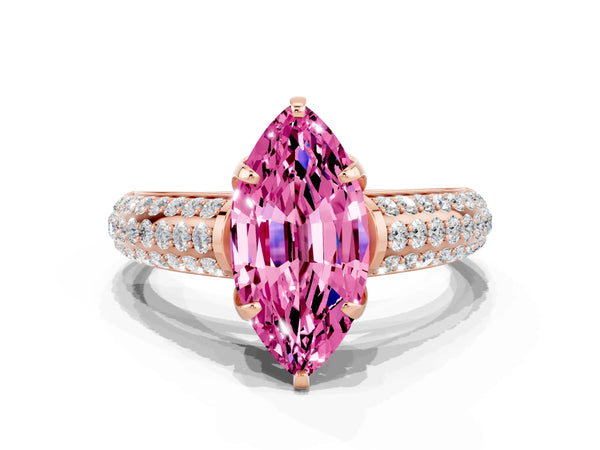 Rose gold Marquise Cut Pink Sapphire Solitaire Ring with Three-Row Pavé Band and Four-Prong Setting