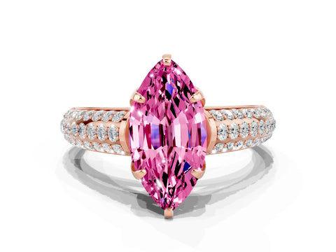 Rose gold Marquise Cut Pink Sapphire Solitaire Ring with Three-Row Pavé Band and Four-Prong Setting_12