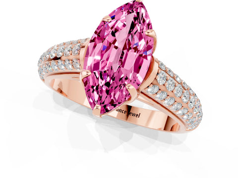 Rose gold Marquise Cut Pink Sapphire Solitaire Ring with Three-Row Pavé Band and Four-Prong Setting_13