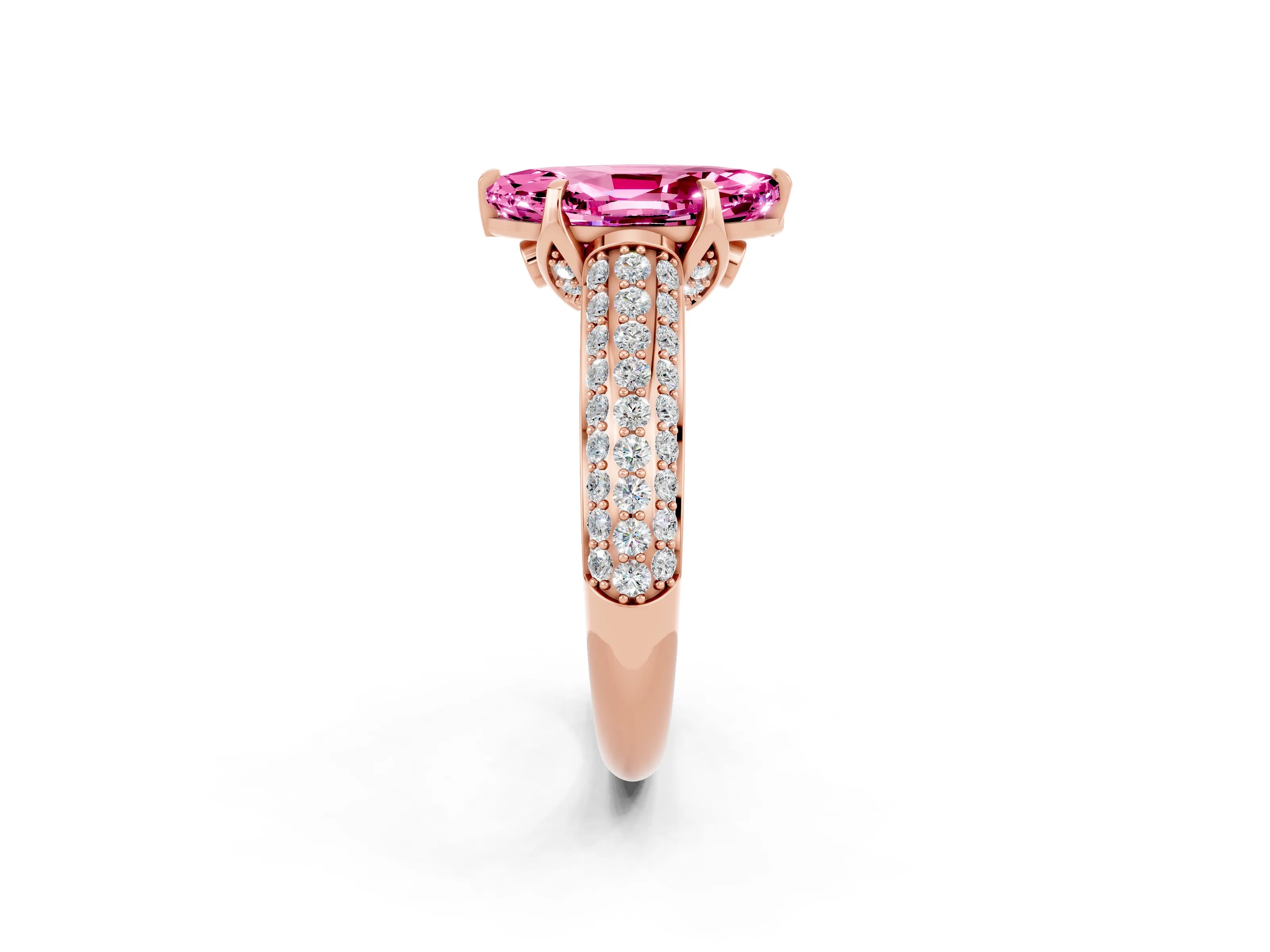 Rose gold Marquise Cut Pink Sapphire Solitaire Ring with Three-Row Pavé Band and Four-Prong Setting_14