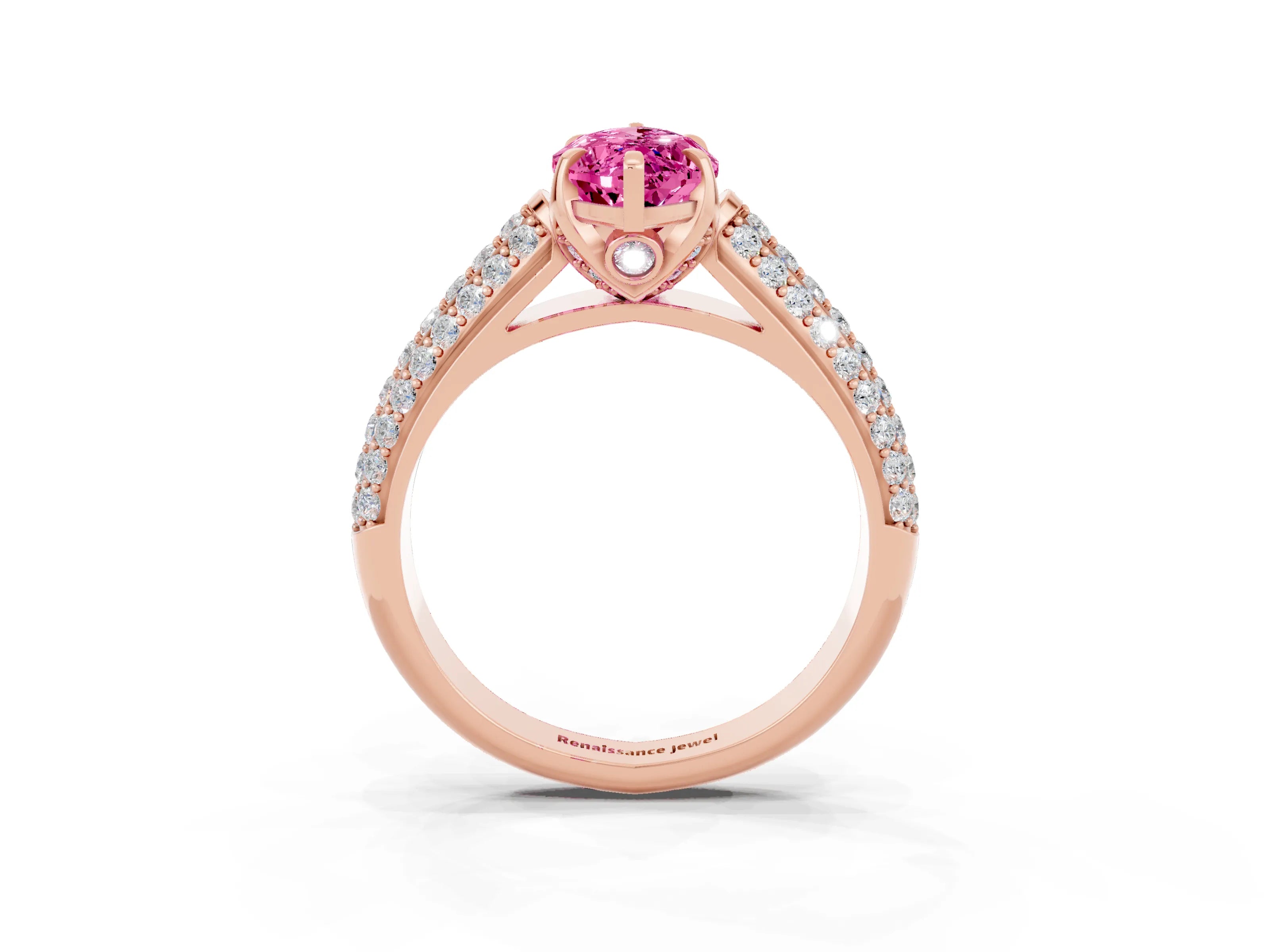 Rose gold Marquise Cut Pink Sapphire Solitaire Ring with Three-Row Pavé Band and Four-Prong Setting_15