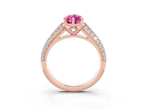 Rose gold Marquise Cut Pink Sapphire Solitaire Ring with Three-Row Pavé Band and Four-Prong Setting