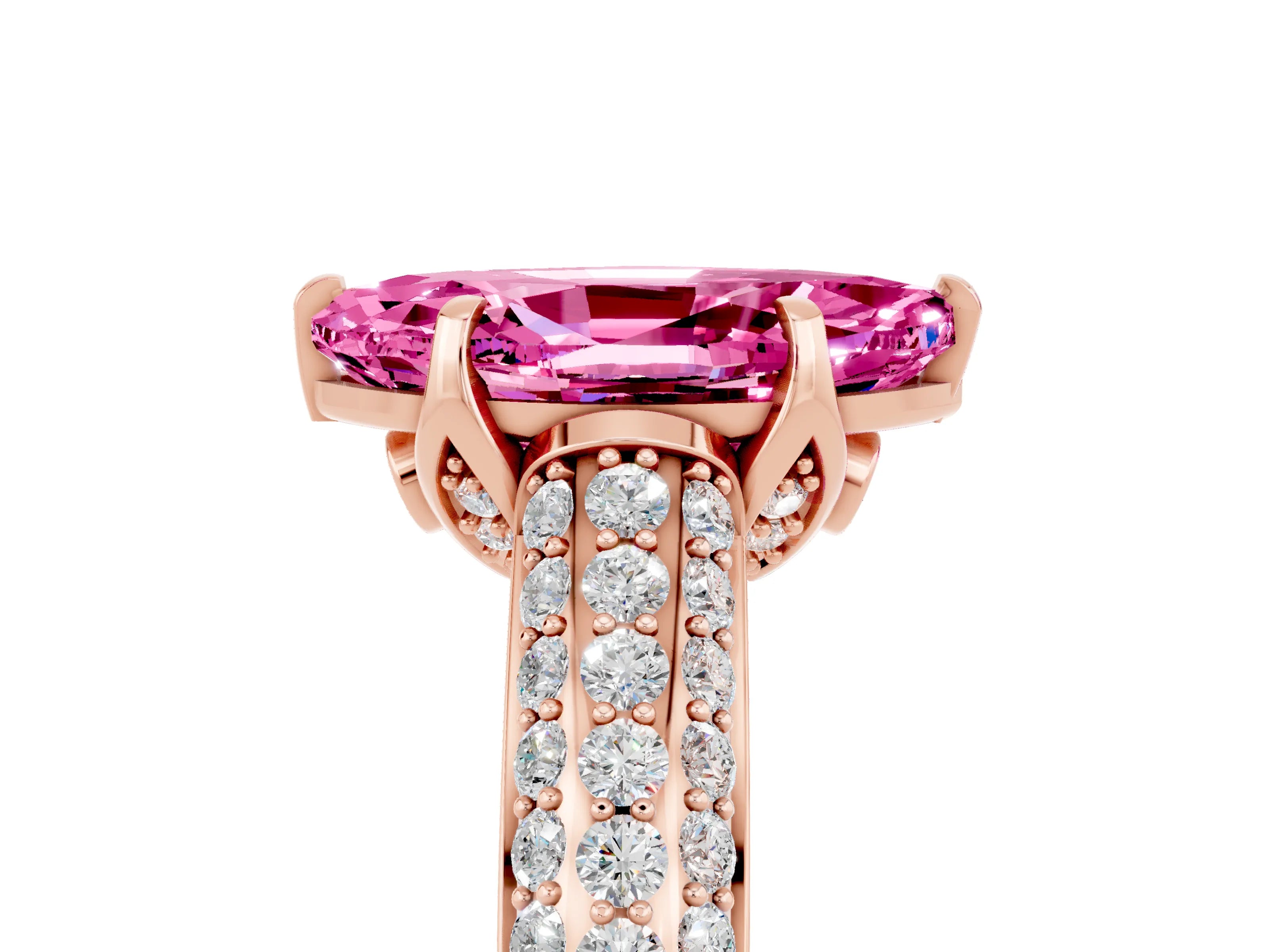 Rose gold Marquise Cut Pink Sapphire Solitaire Ring with Three-Row Pavé Band and Four-Prong Setting_17