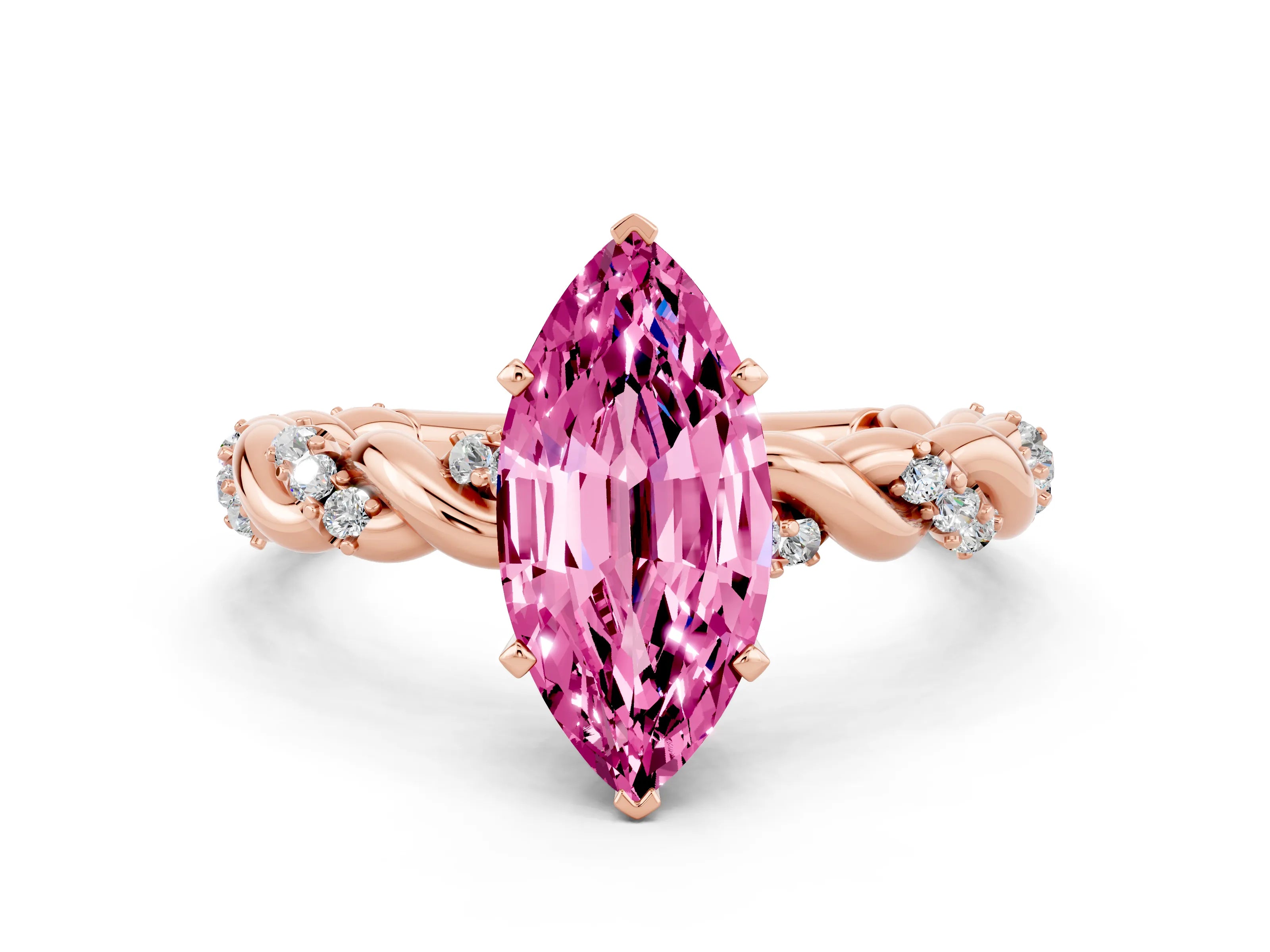 Rose gold Marquise Cut Pink Sapphire Solitaire Ring with Twisted Band and Pavé Accents
