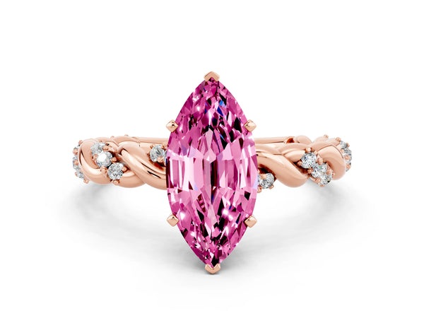Rose gold Marquise Cut Pink Sapphire Solitaire Ring with Twisted Band and Pavé Accents